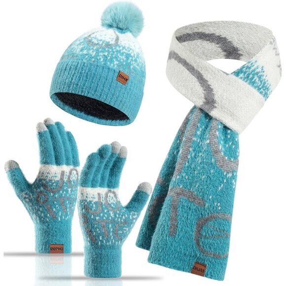 Accessories - Women's Skull Caps Knit Gloves Beanie Neck Scarves 3 Set Winter Warm Light Blue